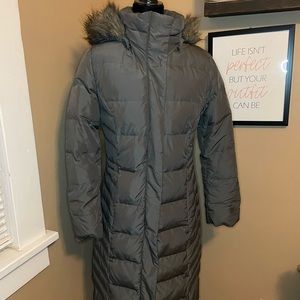 Women’s Calvin Klein long winter down puffer jacket, gray, size small, used.